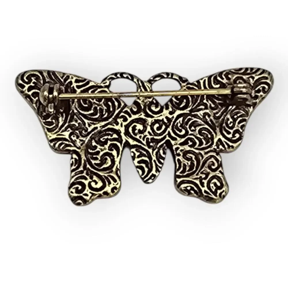 Butterfly Brooch Multi Color Rhinestone Gold Filigree Pin Storybook Romantic